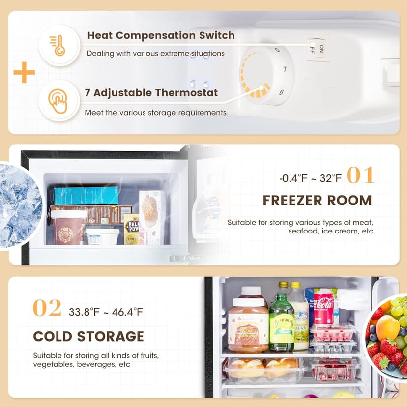 3.5 Cu.Ft Mini Fridge with Freezer, 2 Door Small Refrigerator, 7 Level Adjustable Thermostat, Compact Fridge for Living Room, Office, Kitchen and Apartment(Black)