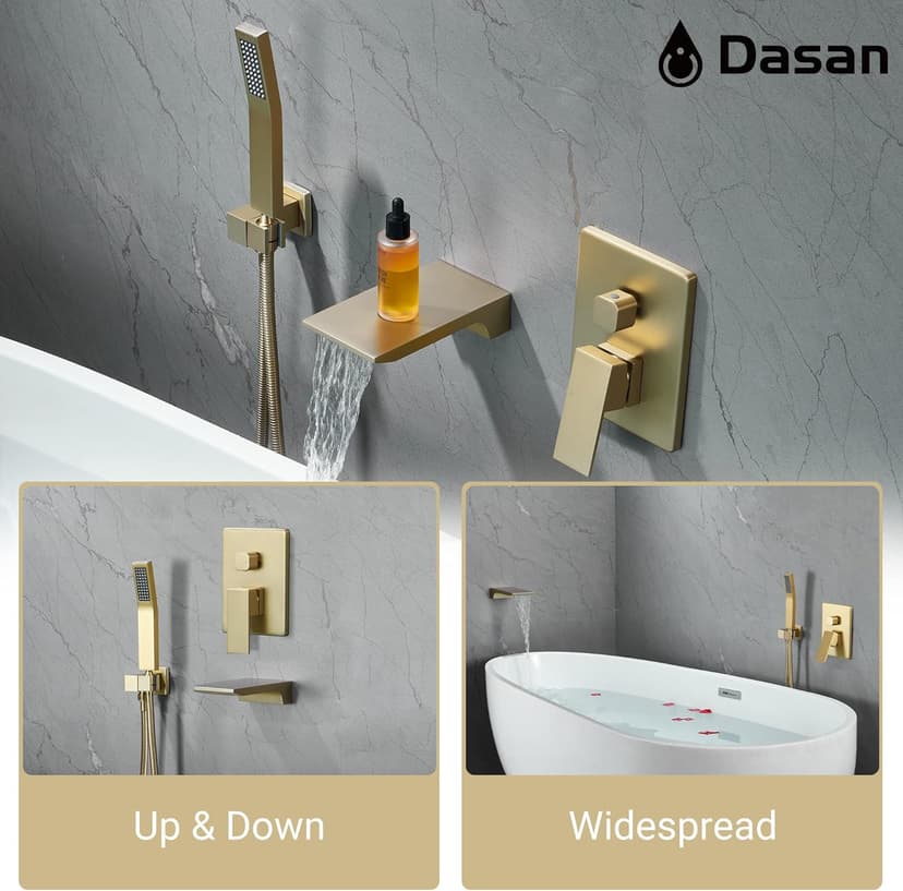 DASAN Waterfall Tub Filler Faucet Wall Mount with Hand Shower, Modern Wall Mounted Bathtub Faucet Brushed Gold Tub Faucet with High Flow Rough in Valve, SA-TF01WH-BG