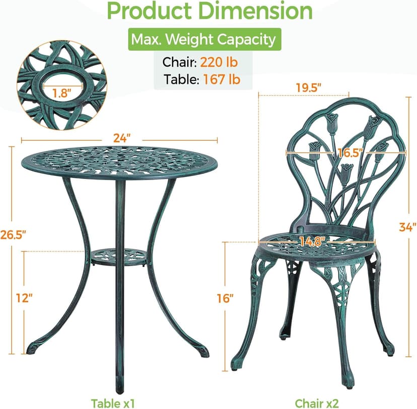 Yaheetech Patio Bistro Sets 3 Piece Cast Aluminum Bistro Table and Chairs Set, Cast Aluminum Bistro Table and Chairs Set of 2 with Umbrella Hole for Patio Backyard Balcony, Green