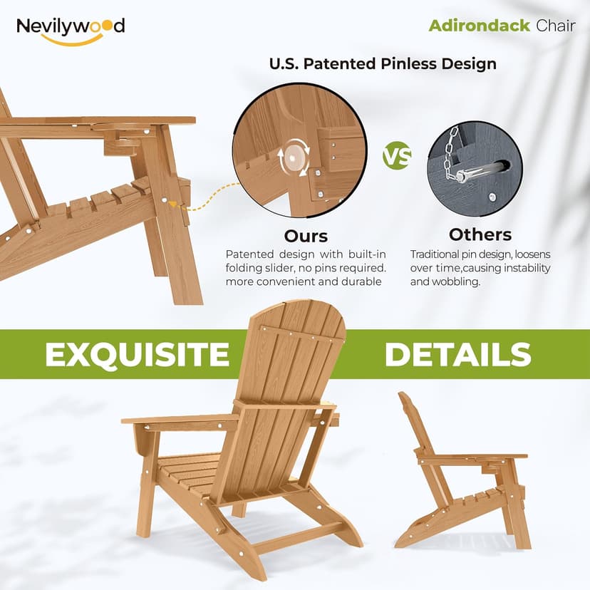 nevilywood Folding Adirondack Chair - Extended Ergonomic Backrest, Cup Holder - Easy Assembly - Durable HDPE Plastic, Weather Resistant & Maintenance-Free - Lawn, Patio, Deck Supports 400lbs Teak