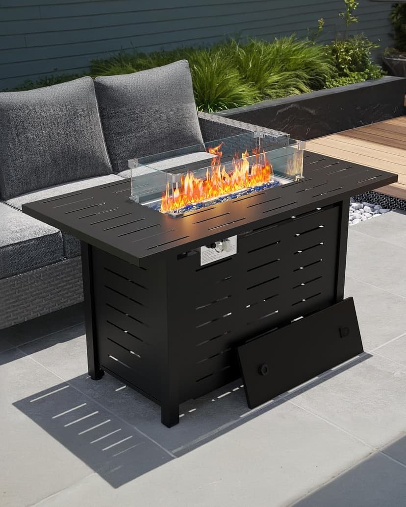 44" Outdoor Propane Fire Pit Table, 48,000 Btu Lp Gas Rectangular Fire Table with Ignition Systems and Lid,Outdoor Firetable with Glass Rocks for Patio Deck Garden Backyard