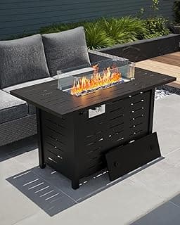 44" Outdoor Propane Fire Pit Table, 48,000 Btu Lp Gas Rectangular Fire Table with Ignition Systems and Lid,Outdoor Firetable with Glass Rocks for Patio Deck Garden Backyard