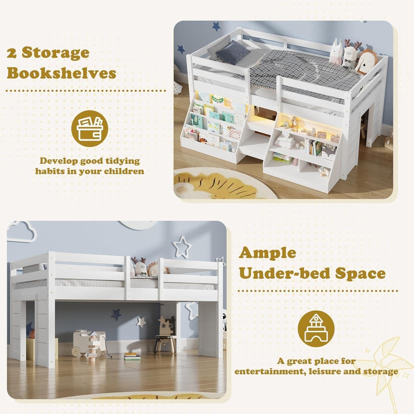 Twin Size Low Loft Bed with Stairs for Kids, Wooden Twin Loft Bed with LED Light & Safety Guardrail & Bookcase & Under-Bed Play Space, White