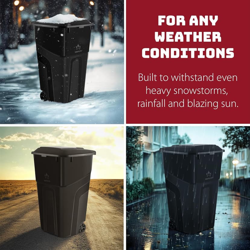 Trash Can With Lid - Ultimate Strength 32 Gallon Wheeled Garbage Can Trash Container - Professional Grade Outdoor Waste Bin with Secure Snap Lid and Ergonomic Handles, Outdoor Recycling Bins, 2 Pack