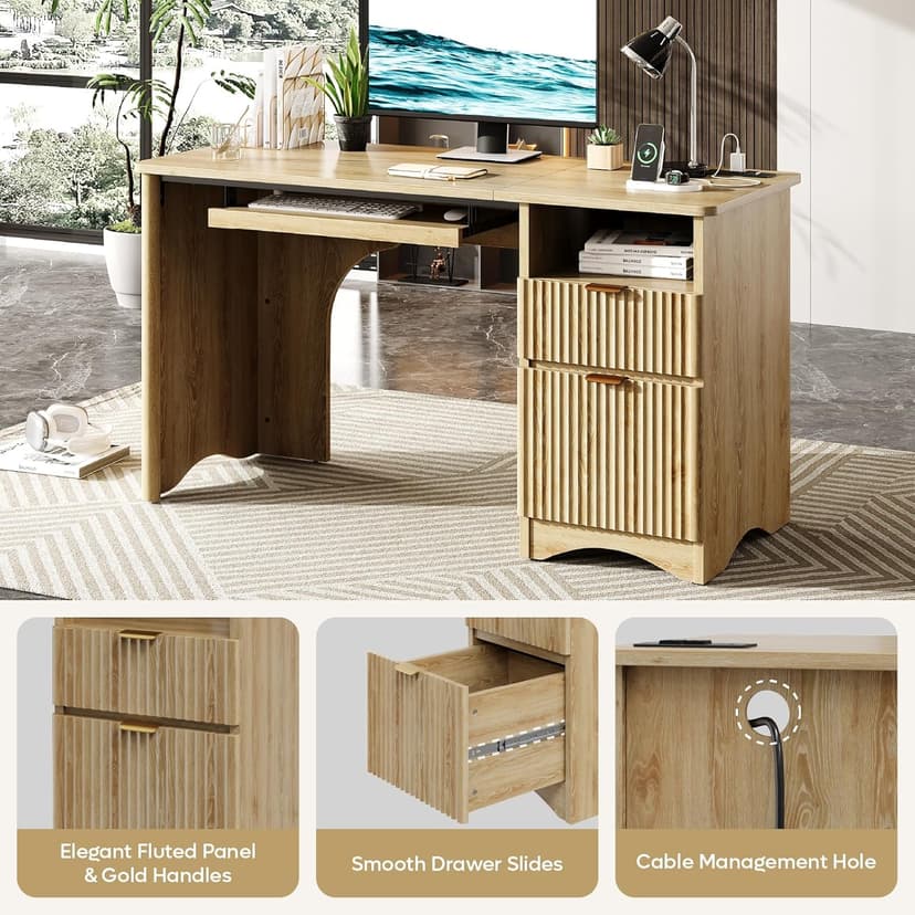 Bestier Computer Desk with Keyboard Tray, 55 inch Office Desk with Power Outlet, Modern Home Office Desk with File Drawer (Natual Oak, 55" W with Single-Sided Drawers)