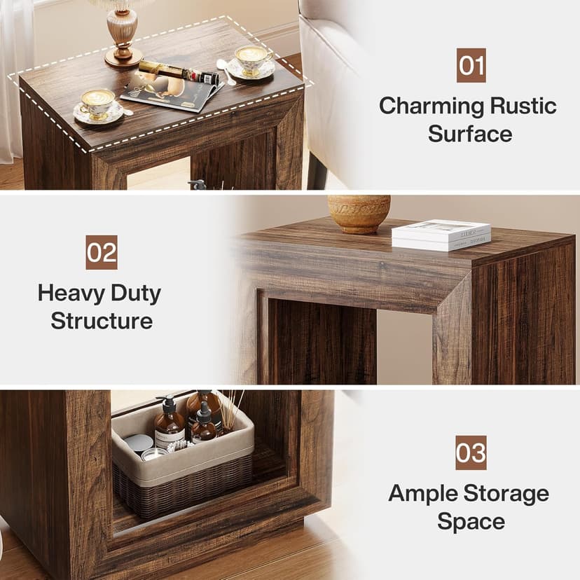 Tribesigns Rustic Wood End Table, 2 Tiered Square Side Table with Storage Shelf, Industrial Sofa Side Table for Living Room, Entrance (Rustic Brown) (1)
