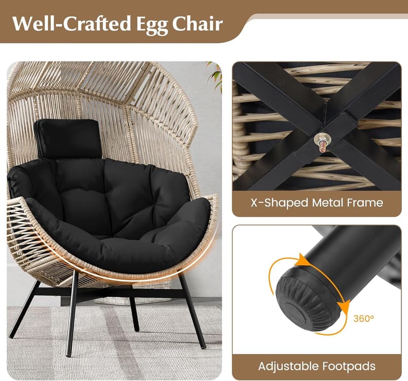 Tangkula Oversized Egg Style Chair, Wicker Stationary Patio Egg Chair w/Cushions & Headrest, Heavy-Duty Metal Frame, Patio Lounge Basket Sofa Chair for Yard, Porch, Living Room