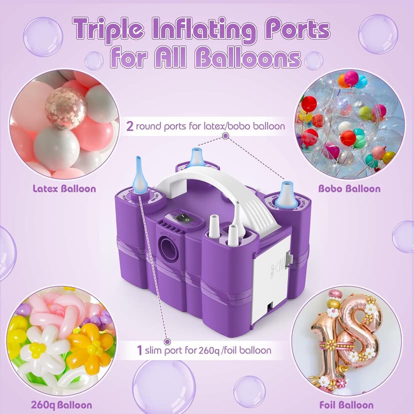 Balloon Pump, Triple Inflating Ports for 260q Foil Latex Mylar Balloon, 3-in-1 Electric Air Pump for Inflatables and Balloons, Inflator Deflator for Swimming Rings Air Mattress Pool Floats