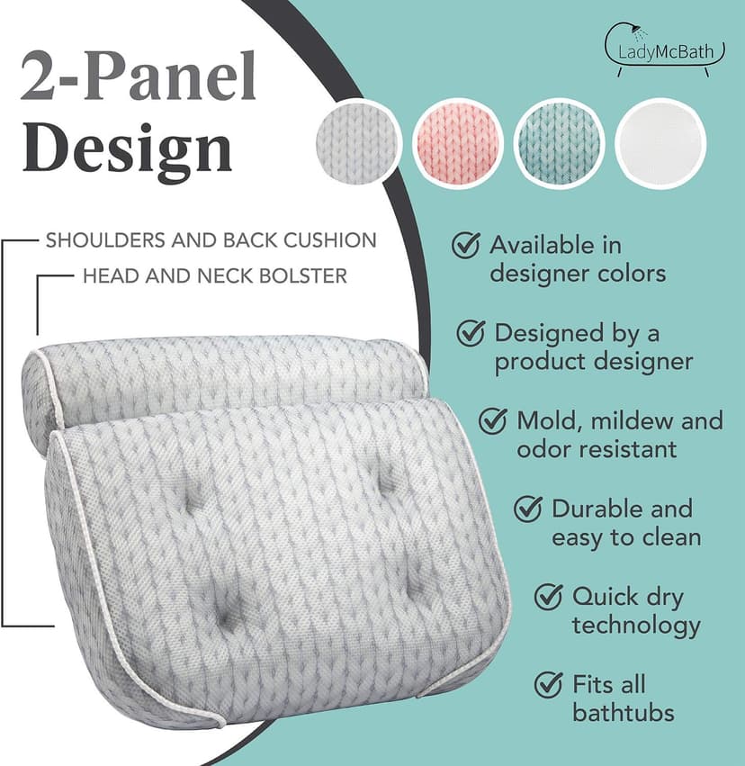 Lady McBath Bath Pillow - Luxury Bath Pillows for Tub Neck and Back Support - Powerful Suction Cups, Machine Washable Bathtub Accessory for Relaxation (Grey)
