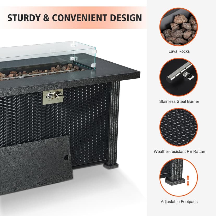 Outdoor Fire Table, 44 inch Rectangle Propane Gas Fire Pit Table, 50,000 BTU Modern Firepit with Wind Guard, Lava Rock, Rain Cover