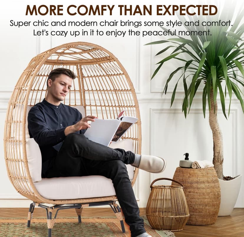 Oversized Wicker Egg Chair Set of 2, Outdoor Indoor Lounger with 4 Cushions, 440lb Capacity, Egg Basket Chair for Living Room, Backyard, Balcony, Patio, Beige