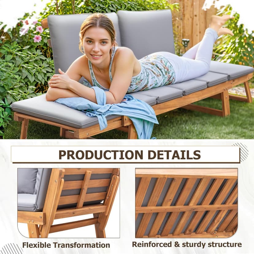 Devoko Outdoor Couch Acacia Wood Patio Couch with Adjustable Armrests, Outdoor Convertible Sofa with Removable Cushions & Pillows for Patio, Porch, Poolside(Grey)