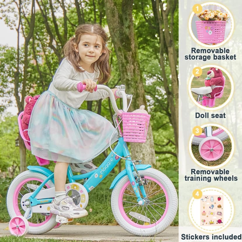 Glerc Maggie Girls Bike, 12-20 Inch Kids Bike for 2-13 Years Old Children, Princess Style Kids Bicycle with Doll-Seat & Basket & Training Wheels, Multiple Colors