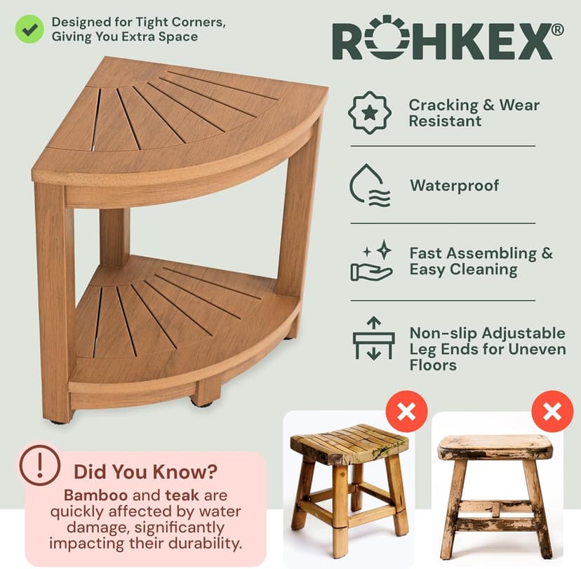 Waterproof Corner Shower Stool - Brown Waterproof Shower Bench for Shaving Legs & to Sit On - Easily Assembled Corner Bench & Shelf - Restroom Organizer - Bathroom Stool