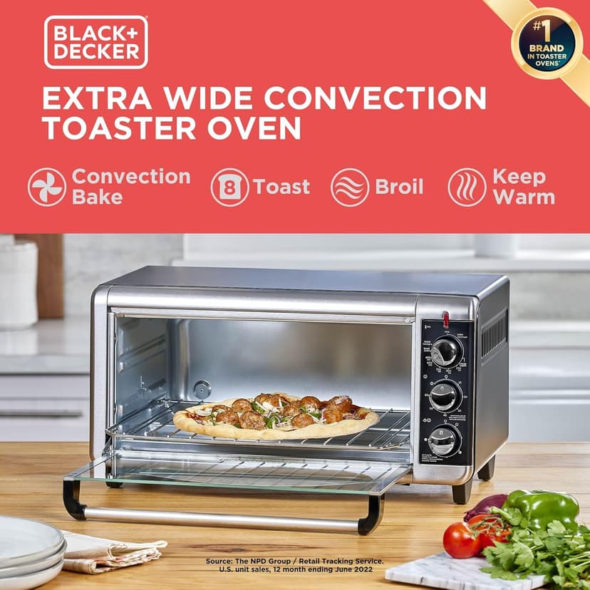 BLACK+DECKER 8-Slice Extra Wide Convection Toaster Oven, Fits 9"x13" Oven Pans and 12" Pizza, Bake, Toast, Broil, and Keep Warm Functions, Countertop Compact Design with Stainless Steel Finish