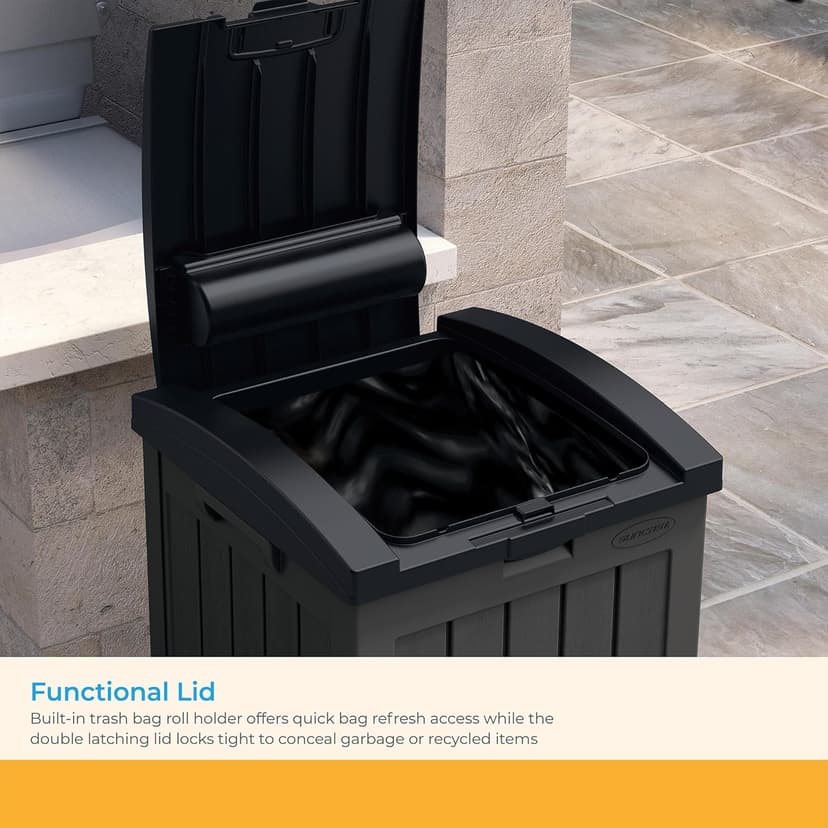 Suncast Trash Hideaway 39 Gallon Outdoor Trash Can Patio or Deck Waste Bin with Latching Lid, Liquid Tray, Handles, and Trash Bag Holder, Peppercorn