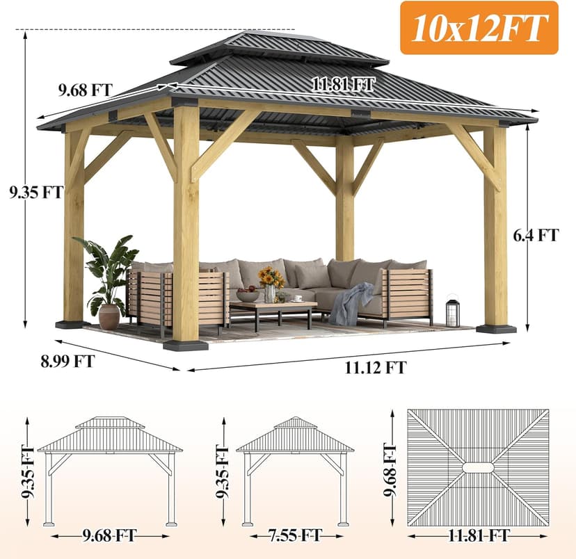 10' x 12' Outdoor Wooden Gazebo - Patio Hardtop Gazebo Permanent Wooden Pavilion with Galvanized Steel Double Roof, Wood Gazebos for Garden, Lawn, Poolside, Backyard Deck