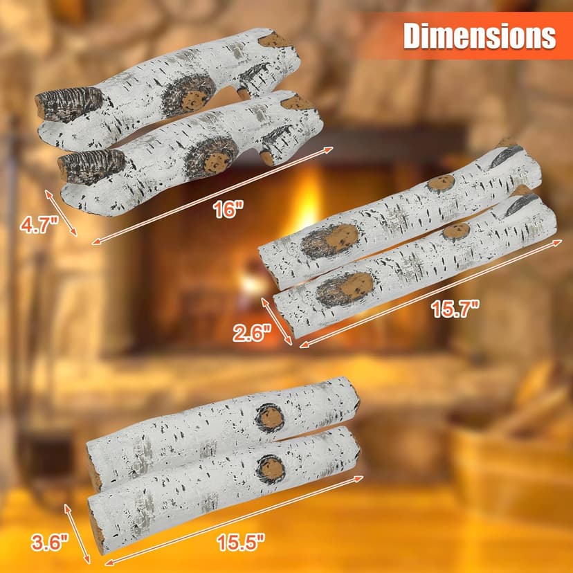 QuliMetal 6PCS Ceramic White Birch Gas Fireplace Logs Set – Realistic Fake Wood Logs for Indoor Inserts, Outdoor Fire Pits, Vented, Propane, Gel, Ethanol, and Electric Fireplaces