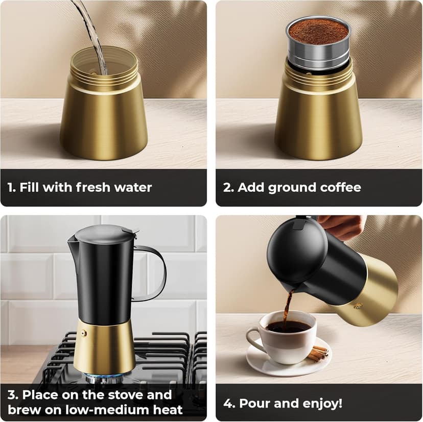 Moka Pot Espresso maker, Stovetop Stainless Steel Manual Espresso Italian Cuban Coffee Maker, 6 cups (350 ml), Elegant Coffee Maker Percolator Cafetera, Black/Gold