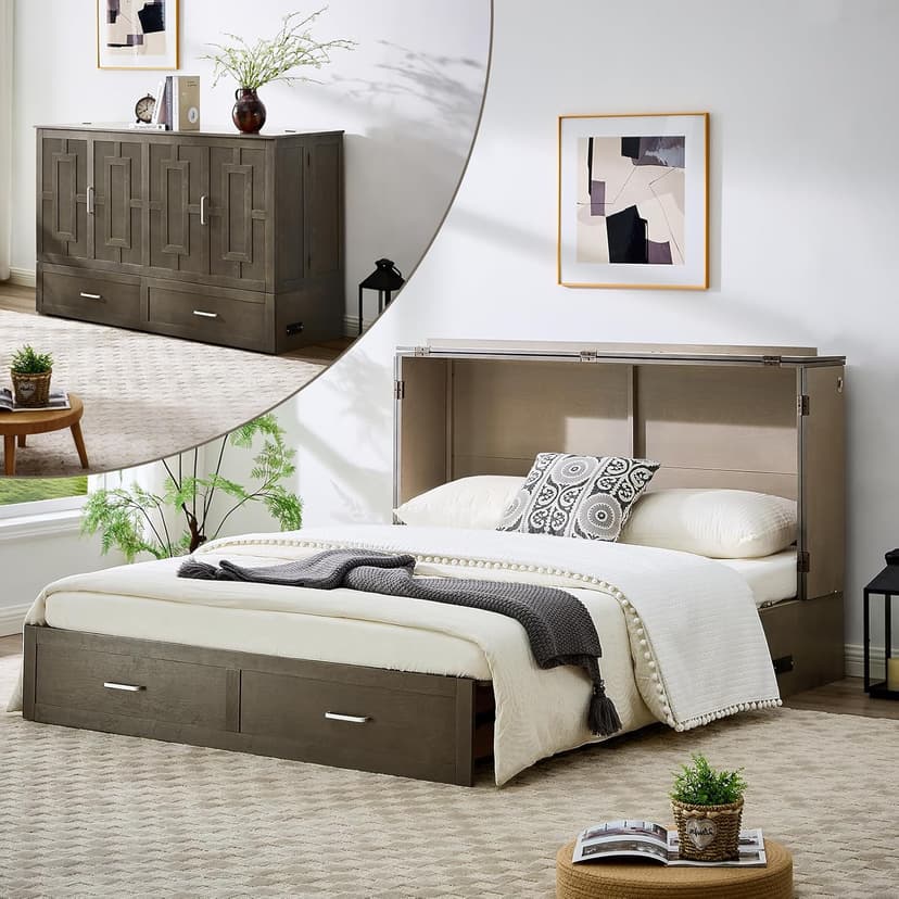 Murphy Bed Cabinet with Mattress, Queen Size Wall Beds with Large Storage Drawer and Charging Station, Hideaway Murphy Bed Chest for Home Office or Small Room (Gray)