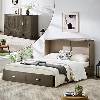 Murphy Bed Cabinet with Mattress, Queen Size Wall Beds with Large Storage Drawer and Charging Station, Hideaway Murphy Bed Chest for Home Office or Small Room (Gray)