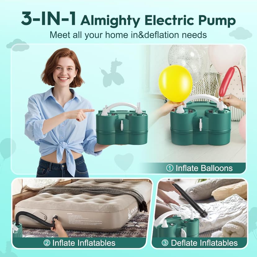 Balloon Pump, LooLaa 3-in-1 Air Pump for Inflatables and Balloons, Electric Balloon Pump for Latex 260q Foil Balloons, Quick-Fill 110V AC Inflator Deflator for Pool Floats Air Mattress Inflatables