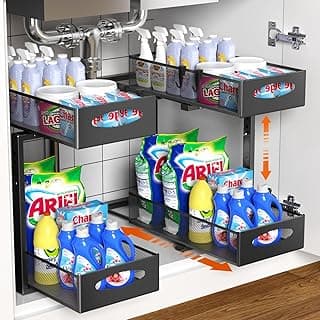 2 Pack Under Sink Organizer, 2 Tier Metal Pull Out Under Sink Storage with Sliding Mesh Drawers, Height Adjustable Slide Out Under Sink Organizer for Kitchen Bathroom Cabinet, Black