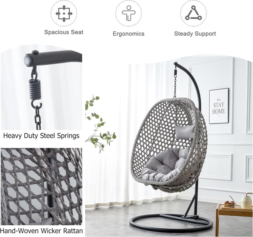 Egg Swing Chair Outdoor with Stand, Hanging Egg Rattan Basket Chair with Cushion and Pillow, Lounge Chairs, Foldable Basket and Metal Stand for Porch, Patio, Bedroom, Balcony,Yard (Grey)
