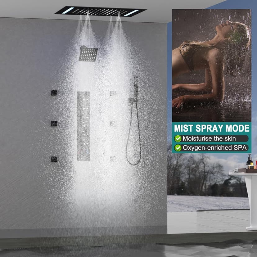 HOMEDEC Double Shower Heads Full Body Shower System with 6pcs Body Jets, 3-in-1 Function 14x20inch and 6inch Showerheads, Rainfall Shower System, Black
