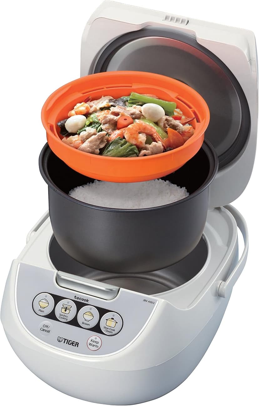 Tiger JBV-A10U 5.5-Cup (Uncooked) Micom Rice Cooker and Warmer with Tacook Food Steamer Cooking Tray Technology, White