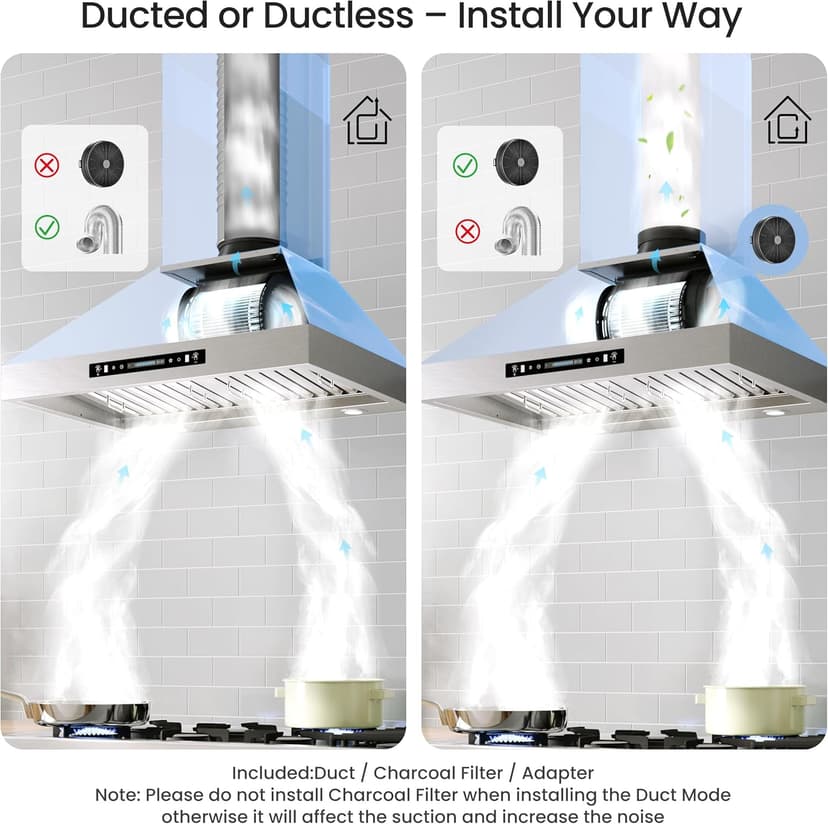 IKTCH 36 inch Black Wall Mount Range Hood, 900 CFM Ducted/Ductless Stainless Steel Vent Hood with Gesture Sensing & Touch Control Switch Panel, 2 Pcs Adjustable Lights(IKP02-36-BSS)