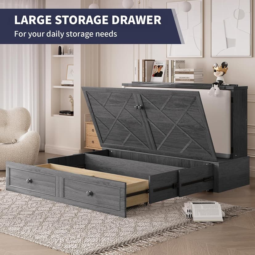 ijuicy Murphy Bed Queen with Foam Mattress, Convenient Murphy Bed Cabinet with Charging Station & Storage Board, Bed That Folds into Cabinet with Large Storage Drawer for Bedroom,Guest Room(Grey)