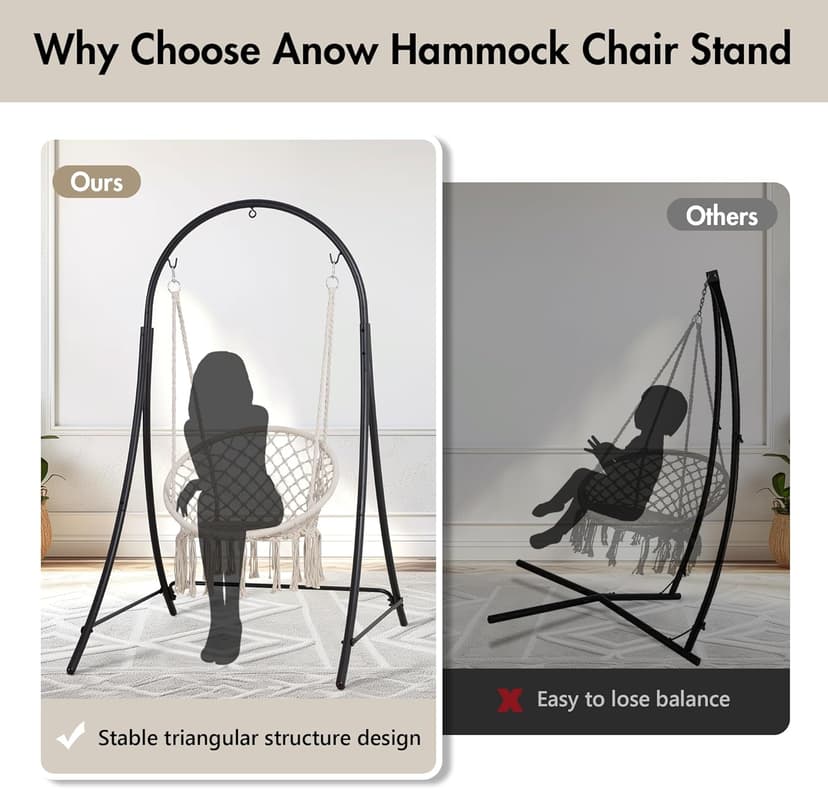 ANOW Adjustable Hammock Chair Swing Stand Only, Heavy Duty Hanging Chair Stand with Safety Hooks for Indoors Outdoors, Max 400 Lbs, Plus Size Version, Black