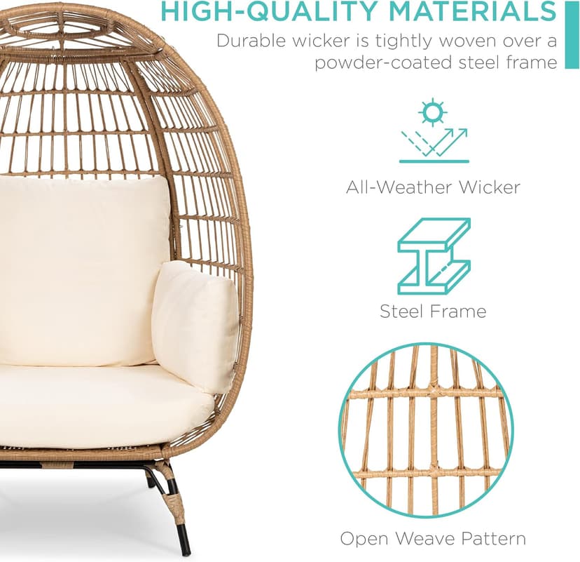 Best Choice Products Wicker Egg Chair, Oversized Indoor Outdoor Lounger for Patio, Backyard, Living Room w/ 4 Cushions, Steel Frame, 440lb Capacity - Ivory