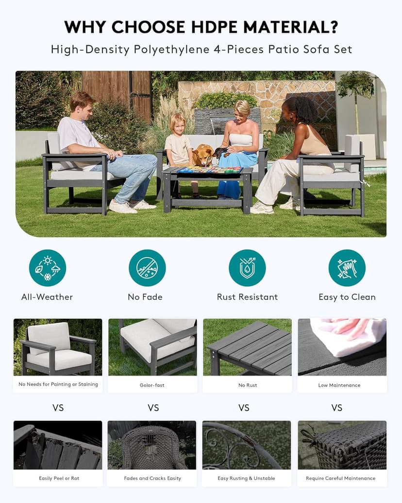 SERWALL 5 Pieces HDPE Outdoor Sofa Set with Cushions, All Weather Use Patio Conversation Couch Loveseat Furniture with Coffee Table for Balcony, Deck, Poolside, Grey Frame with Khaki Cushions