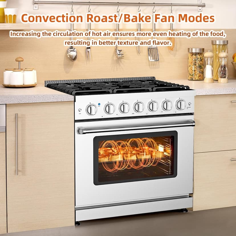 36 Inch Freestanding Dual Fuel Range Oven Stove, 6.0 Cu. Ft True Convection and Self Clean, Cooktop 6 Sealed Gas Burners, Stainless Steel