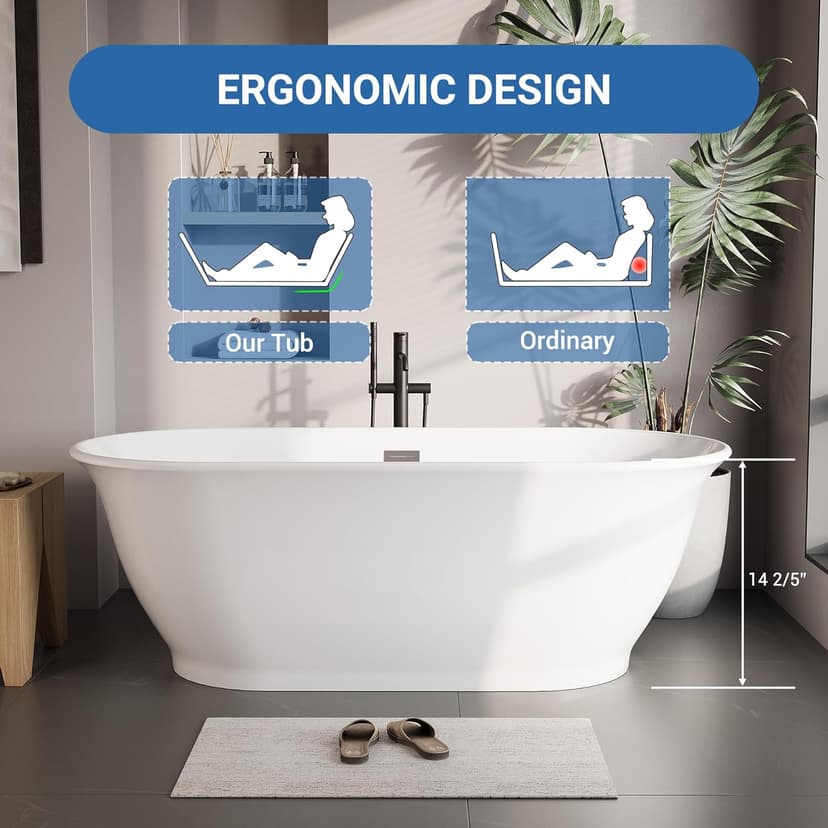 67 Inch Acrylic Freestanding Bathtub, Luxury Oval Soaking Tub, Modern Stand Alone Bath In White, with Chrome Drain, Overflow, Deep Soak Freestanding Tub for Bathroom