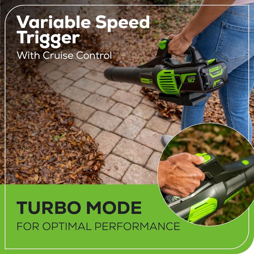 Greenworks 60V (610 CFM / 130 MPH) Cordless Leaf Blower, High Power, Lightweight & Quiet Operation for Wet Leaves, Driveways and Dense Gravel, Includes 2.5Ah Battery & 5A Rapid Charger