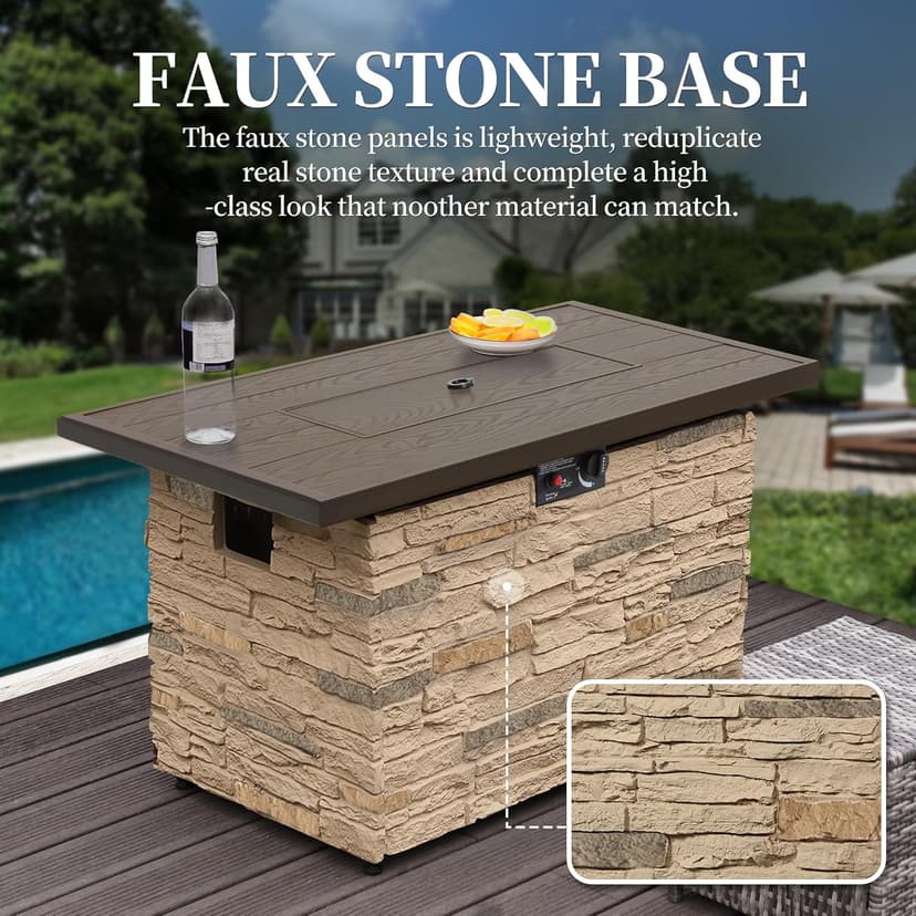 43" Propane Fire Pit Table Outdoor Stone Firepit Table Rectangular 50000 BTU Propane Fire Tables for Outside Patio with Wind Guard, Table Lid, Fire Beads, Cover,Pizzello Caldo (Buff)