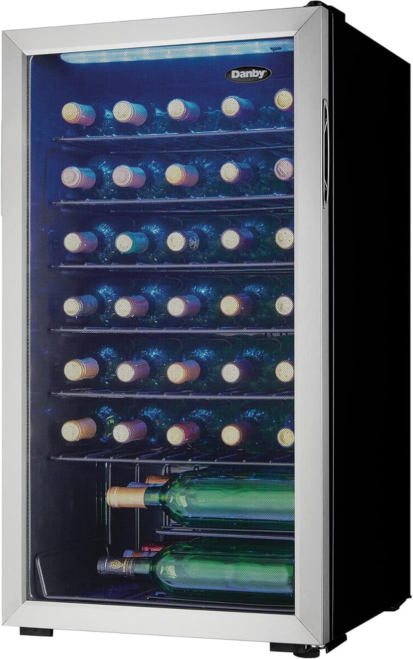 Danby DWC036A1BSSDB-6 3.3 Cu. Ft. Free Standing Wine Cooler, Holds 36 Bottles, Single Zone Fridge with Glass Door-Chiller for Kitchen, Home Bar, Stainless Steel