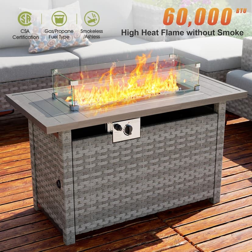 Fire Pit Table with Wind Guard for Outdoor, Auto-Ignition Propane Gas Firepits Rattan Rectangular Table for Outside Patio 60,000 BTU, Gray