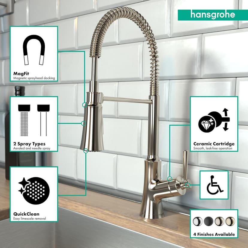 hansgrohe Joleena Brushed Nickel Commercial Kitchen Faucet, Kitchen Faucets with Pull Down Sprayer, Faucet for Kitchen Sink, Polished Nickel 04792830 19.3-Inches Tall