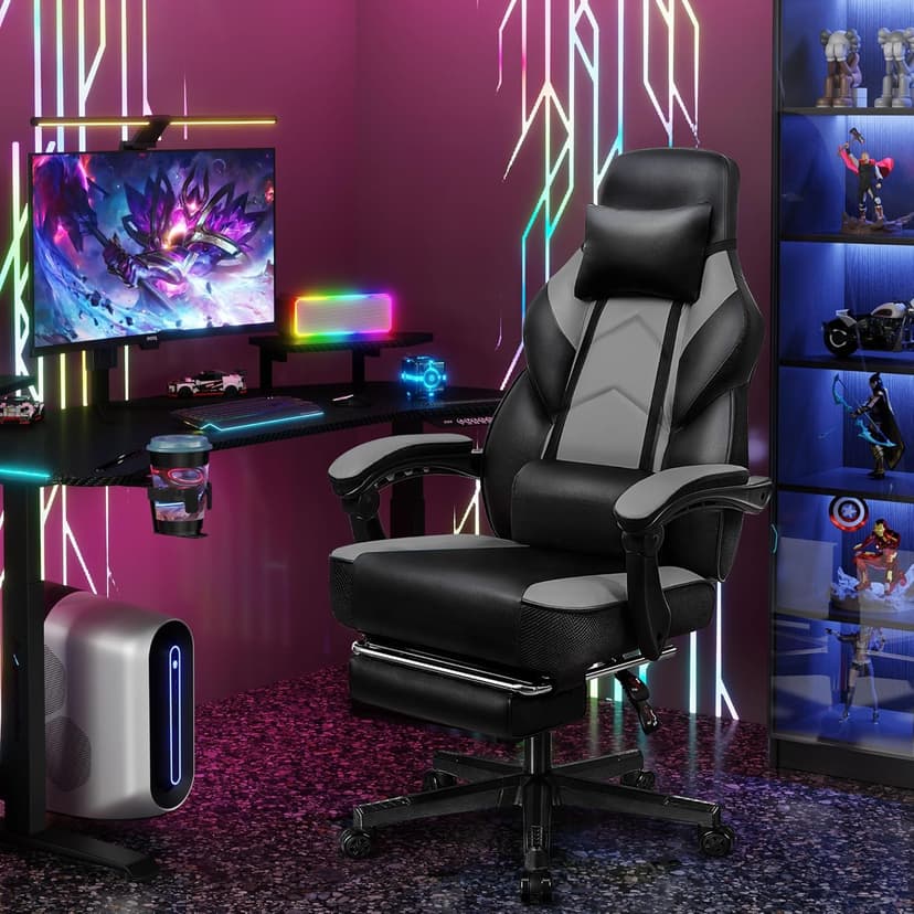 Meilocar Gaming Chair for Adult, Computer Chair with Footrest Video Game Chair Big and Tall Gaming Chair with Massage Lumbar Support, Adjustable Height and 360° Swivel Seat(Grey)