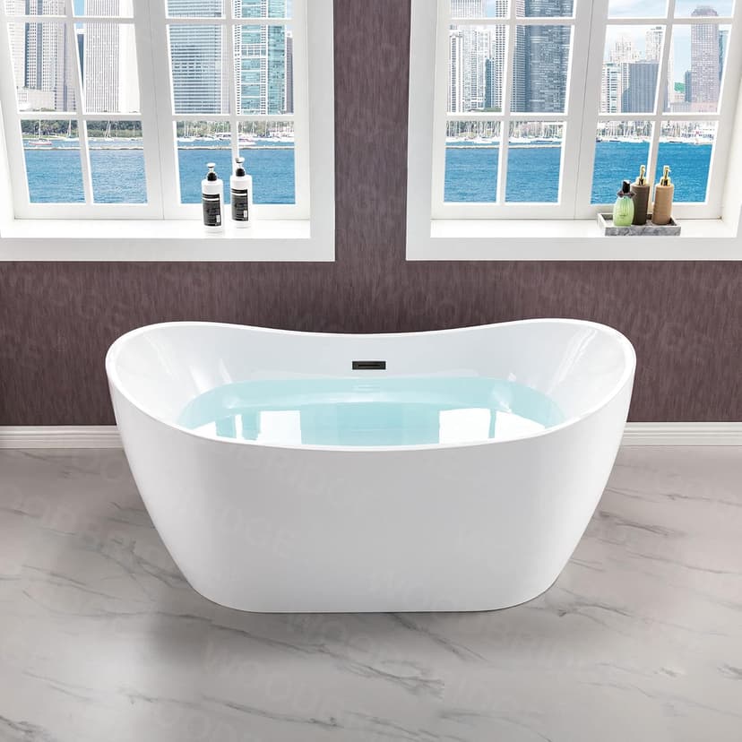 WOODBRIDGE 59" Acrylic Freestanding Bathtub Contemporary Soaking White Tub with Matte Black Overflow and Drain，B0016 -MB-Drain &O
