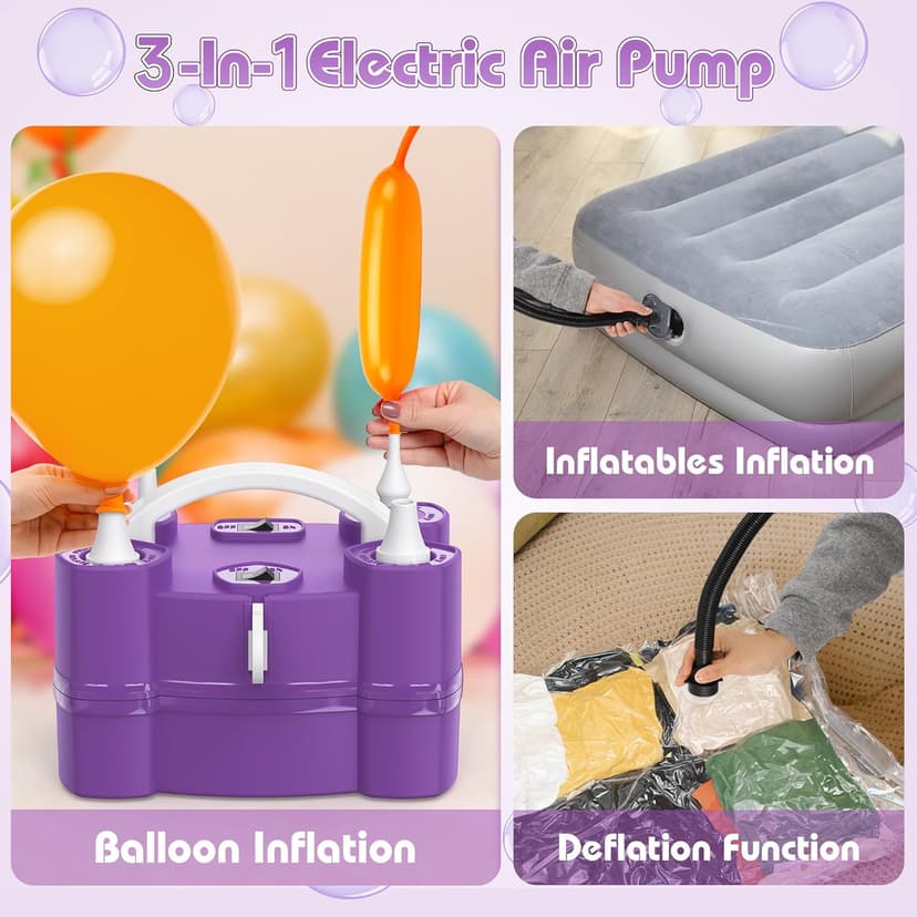 Balloon Pump, Triple Inflating Ports for 260q Foil Latex Mylar Balloon, 3-in-1 Electric Air Pump for Inflatables and Balloons, Inflator Deflator for Swimming Rings Air Mattress Pool Floats