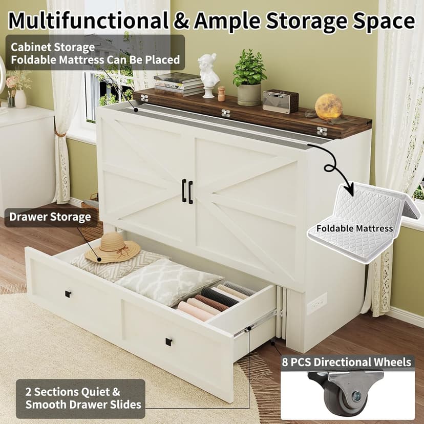Queen Size Murphy Bed with Charging Station, Cabinet Bed with Large Storage Drawer for Home Office or Small Room, Hideaway Full Foldable Platform Bed, Barnwood+White