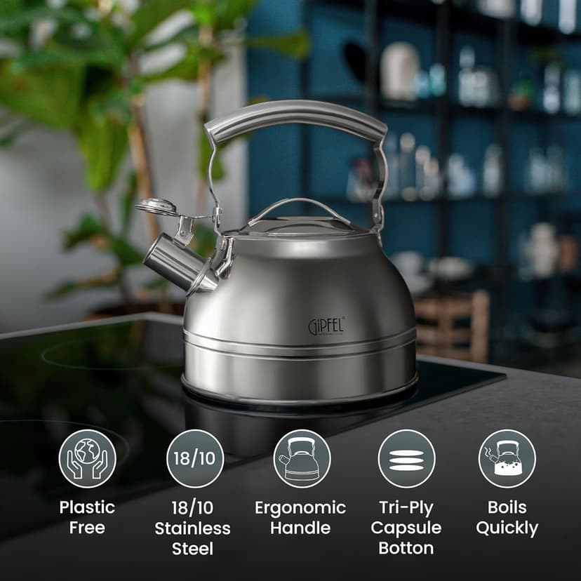 Whistling Tea Kettle Stovetop - Food Grade Stainless Steel Teapot for Stove Top with Ergonomic Handle for Gas, Induction, Electric Stovetops 2.3 Quart