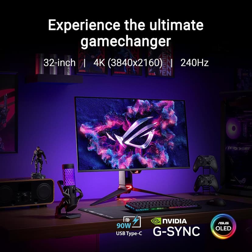 ASUS ROG Swift 32” 4K OLED Gaming Monitor (PG32UCDM) - UHD (3840 x 2160), QD-OLED, 240Hz, 0.03ms, G-SYNC Compatible, Custom Heatsink, Graphene Film, 99% DCI-P3, True 10-bit, 90W USB-C