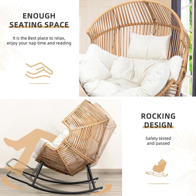 Vongrasig Wicker Egg Chair PE Rattan Rocking Chair with Cushion, Oversized Patio Lounge Rocker Chair for Outdoor, Indoor, Balcony, Backyard, Garden, Beige