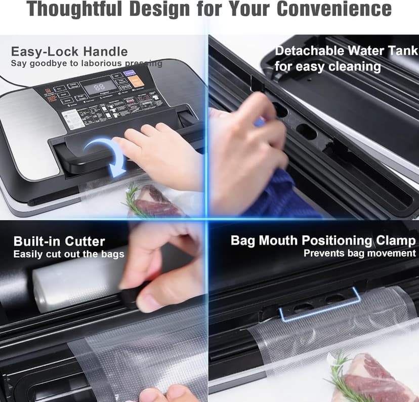 230 Watts Vacuum Sealer for Food, Commercial Vacuum Sealer Machine with Double Heat Seal, Easy Lock Handle, 12 Functions, Bags Storage,Build-in Cutter, 1 Roll and 10 Pre-cut Bags, Progress Display